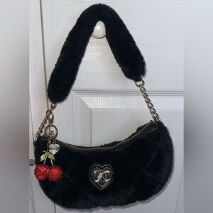 Juicy Couture Black  Fur Shoulder Bag with Cherry Charm